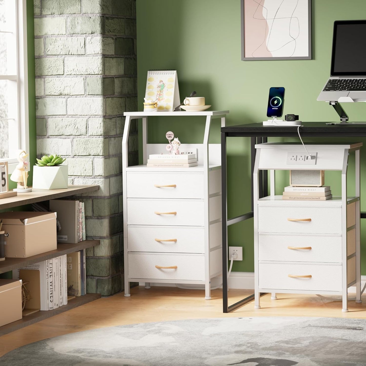 Furnulem Night Stand with Charging Station, 28.3 Inch Tall Bedside Table with PVC Drawers, End Table with USB Ports and Outlets, 3 Fabric Drawer Storage Nightstand for Bedroom, 3 Ways to Use, White