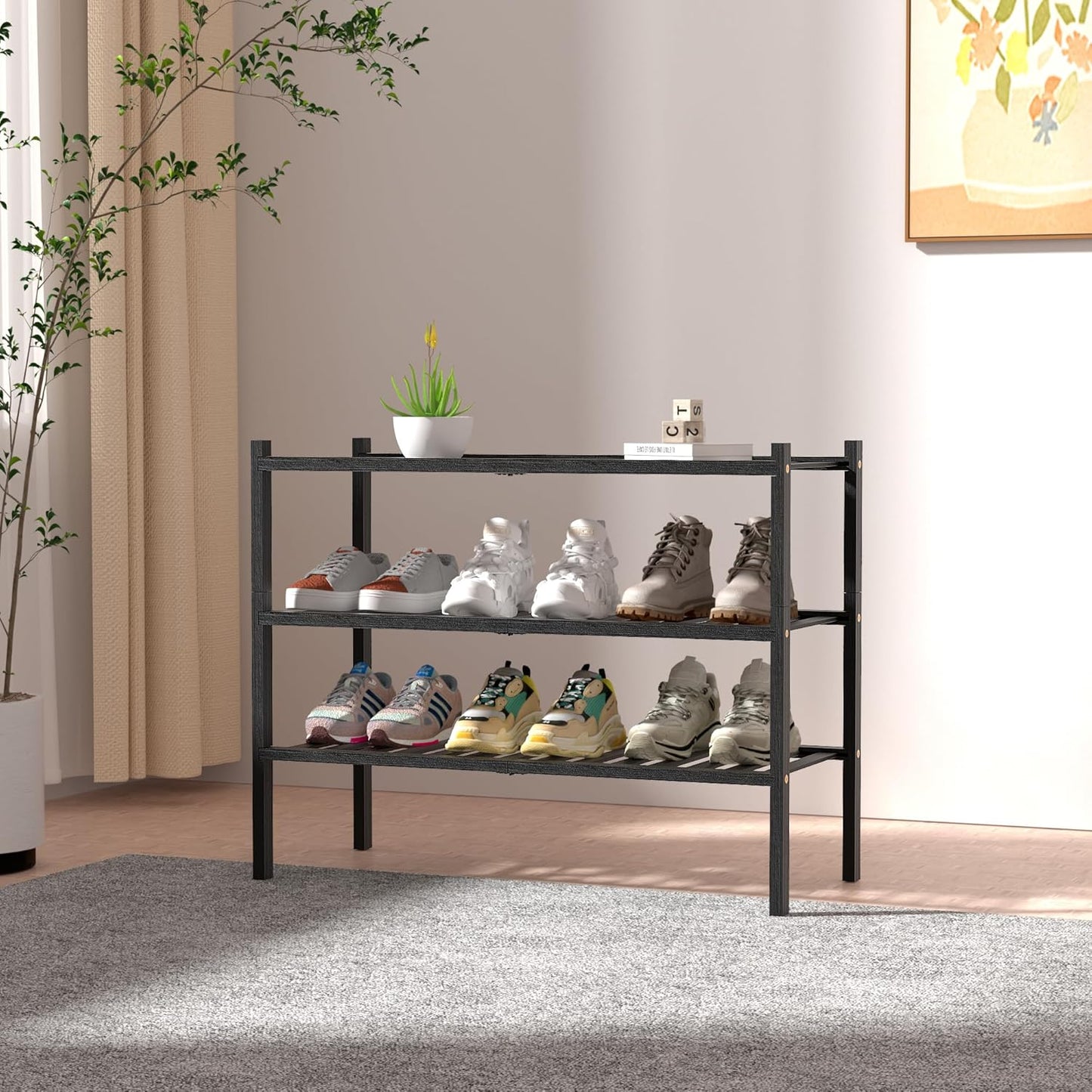 3 Tier Bamboo Shoe Rack for Closet Free Standing Wood Shoe Shelf Storage Organizer for Entryway Small Space Stackable 27"x11"x20" (Black)