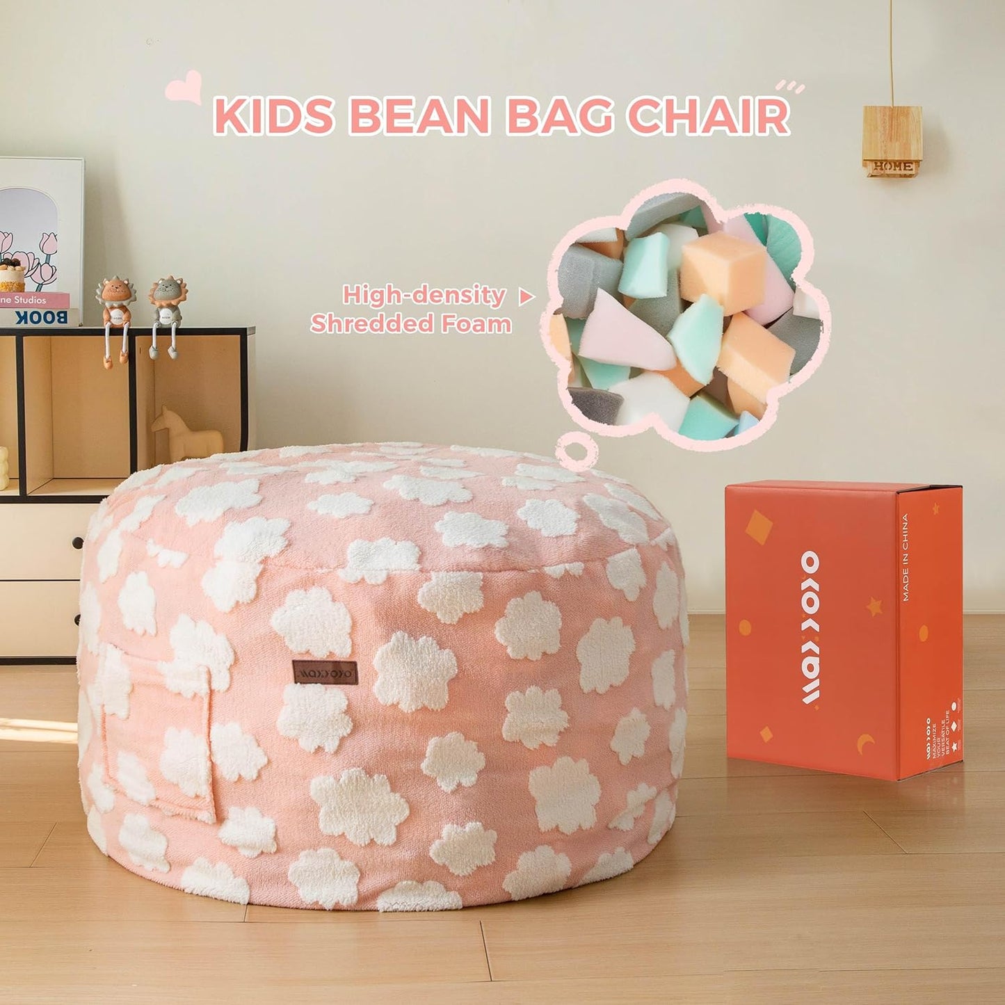 MAXYOYO Bean Bag Chair for Kids, Cloud Pattern Lazy Chair with High-Density Foam Filling, Stuffed Floor Sofa Couch for Boys and Girls, Child Floor Sofa for Gaming, Reading, Pink