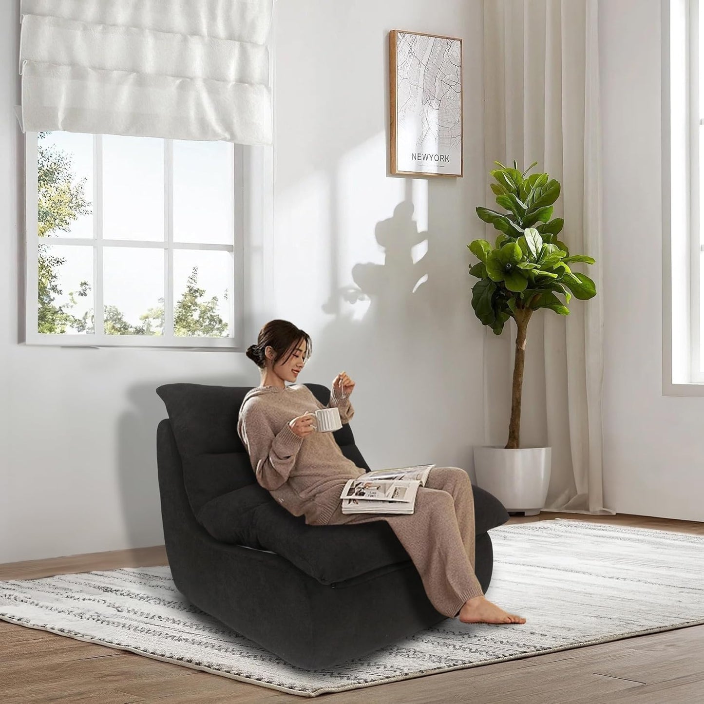 Bean Bag Chair - Memory Foam Bean Bag Chair for Adults, Comfy High-Resilience Single Sofa, Small Space Floor Chair, Chaise Lounge for Living Room, Bedroom (Black, Cushions)