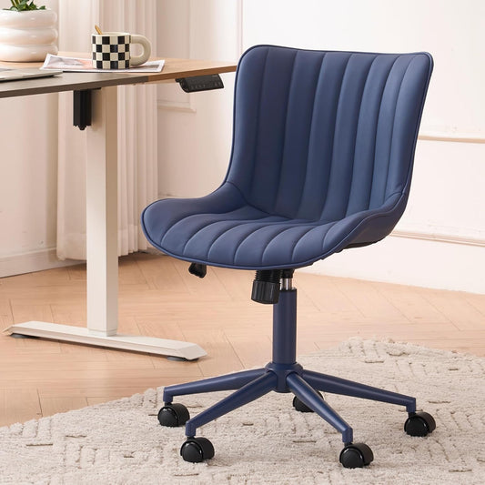 YOUNIKE Armless Home Office Desk Chair with Wheels Compact Comfy Vanity Chair with Adjustable Back Modern Small Leather Upholstered Rolling Swivel Cute Copmuter Task Chair No Arms Ergonomic Navy Blue