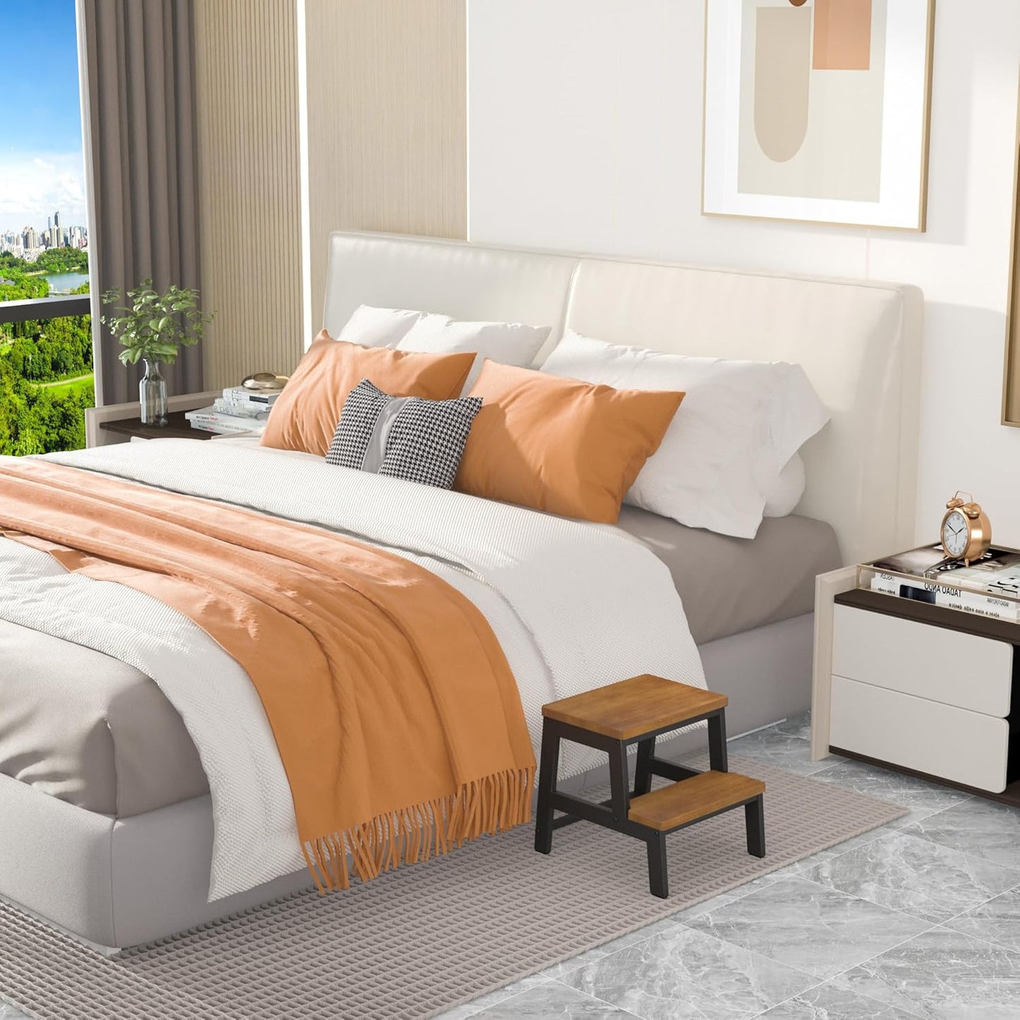 2 Step Wooden Step Stools for Adults Non-Slip, Sturdy Bed Steps for High Beds Easy Assembly, Portable Two Step Stool for Kitchen Bathroom Bedroom - Holds Up to 500 Lb