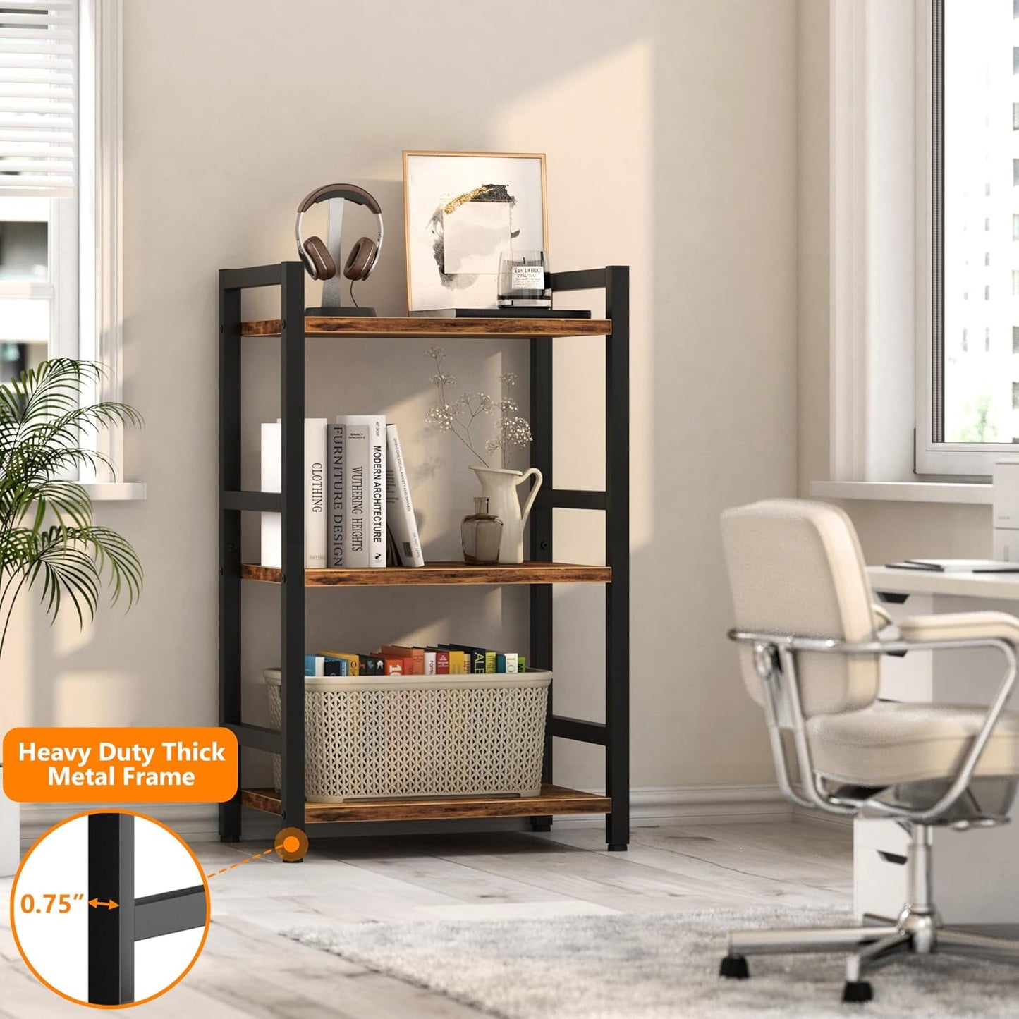 Book Shelf, 3 Tier Bookcase with Steel Frame, Stable Bookshelf Narrow Book Shelves Storage Organizer for Book CD Movie, Open Book Shelves for Living Room, Home Office, Study, Rustic Brown