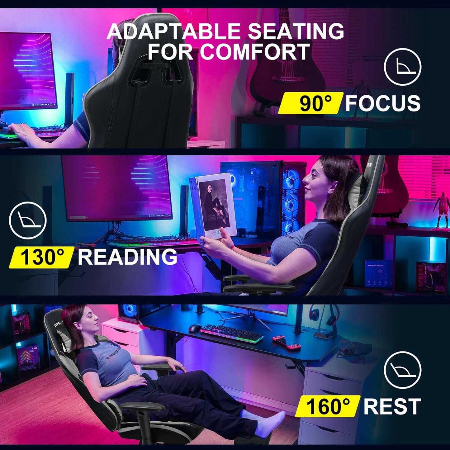 GTRACING Gaming Chair with Footrest, Ergonomic Computer Game Desk Chair, Reclining Gamer Chair Seat Height Adjustment, Swivel Rocker with Headrest and Lumbar (Gray)