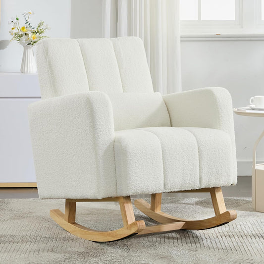 Christopher Knight Home Mapo Wooden Rocking Chair Indoor, Teddy Upholstered Spacious Rocker Chair with Pillow, Comfy Rocking Chair with Armrest for Bedroom, Living Room, Offices, Cream White