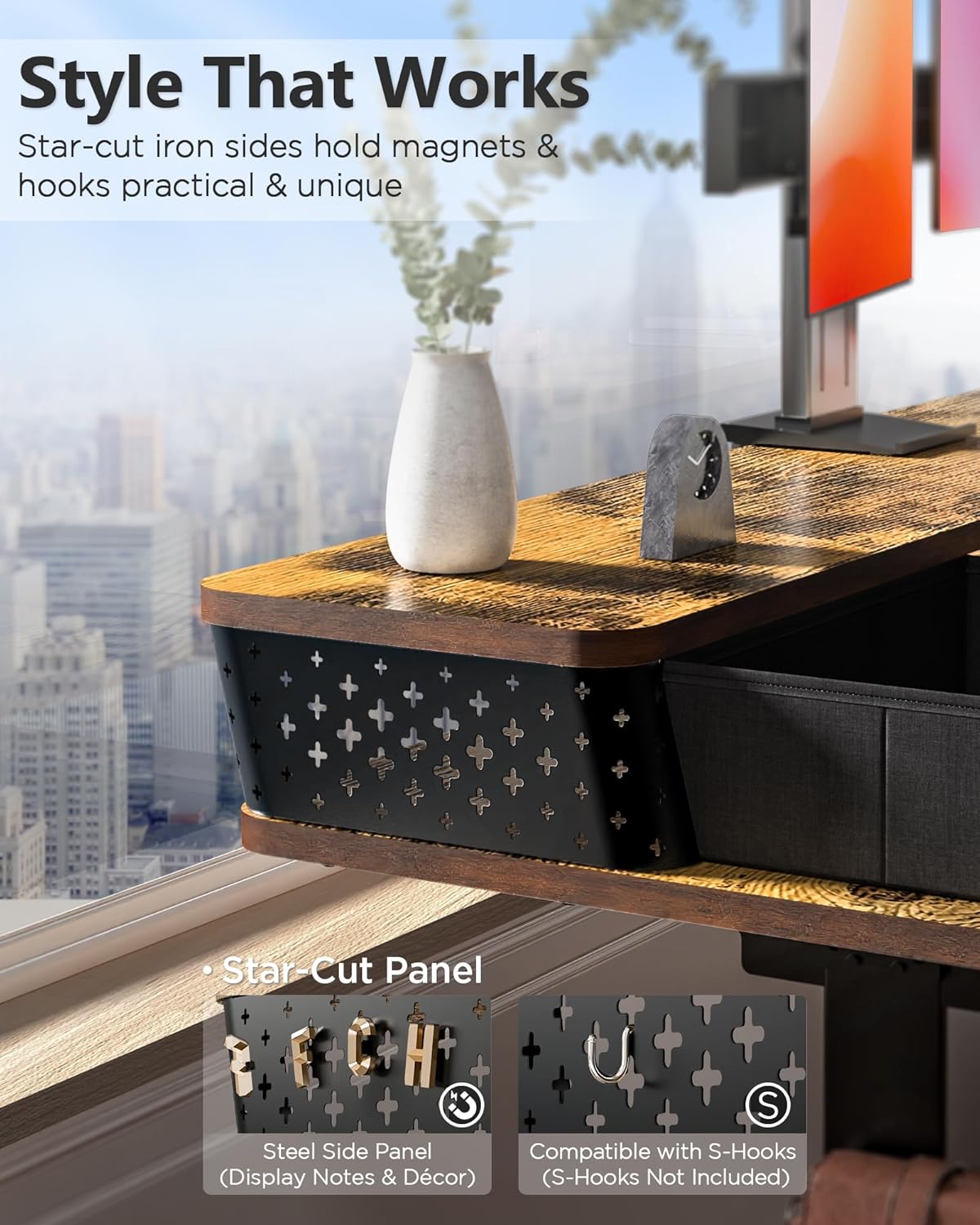 35x20 Inch Standing Desk with Double Drawers,C-Clamp Mount Compatible,Electric Adjustable Height Computer Stand Up Desks, Home Office Sit Stand Table with 3 Preset Heights & Hooks, Rustic Brown