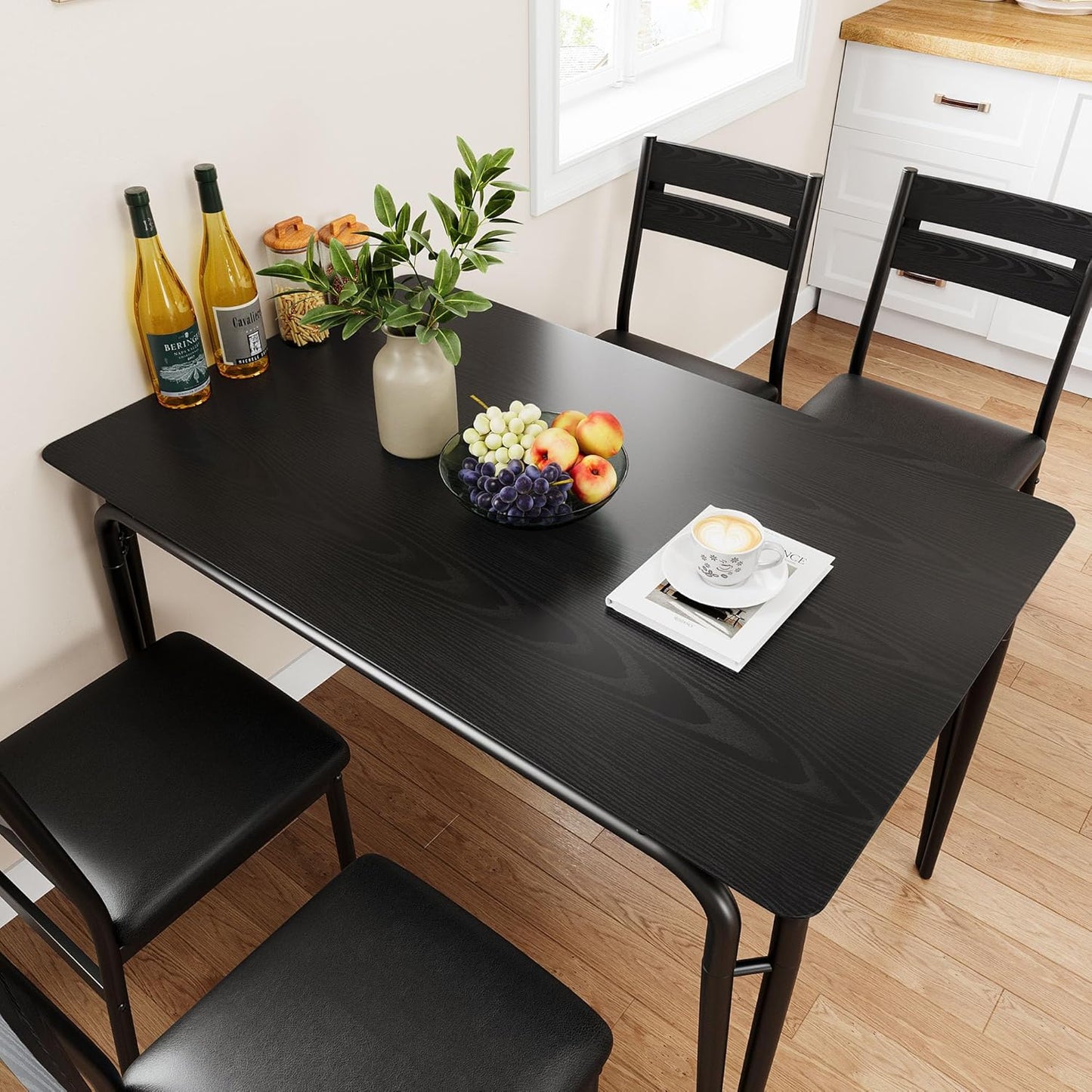 Dining Table for 4, Small Table and Chairs Set of 4, Square Dinette Set for 4, 5 Piece Kitchen & Dining Room Sets for Small Space (Black, Table with 4 Upholstered Chairs)
