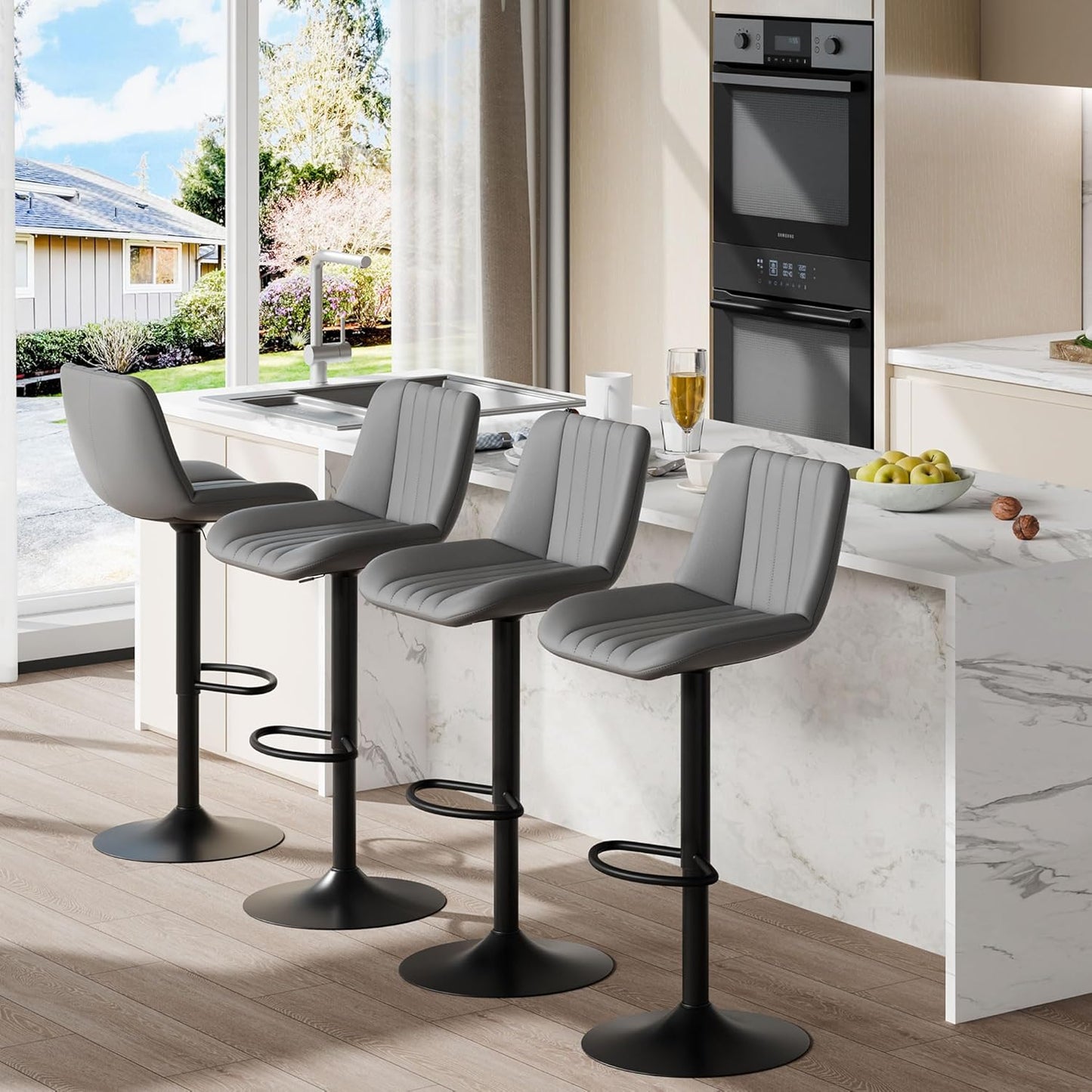 Shintenchi Swivel Bar Stools Set of 4, Adjustable Faux Leather Upholstered Swivel Counter Stools, Armless Bar Height Island Chairs with Back and Footrest, Gray