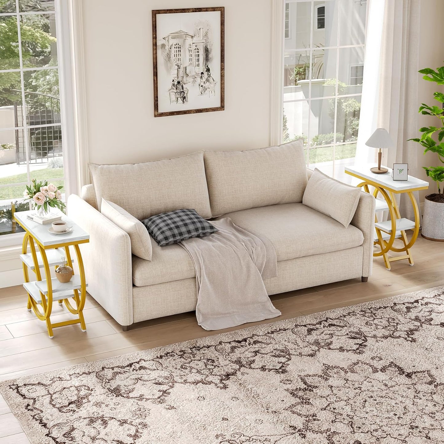 LITTLE TREE End Table, 4-Tier Narrow Faux Marble Side Table with Large Storage Space, Modern Nightstand and Bedside Table for Living Room, Home Office, Bedroom, White and Gold