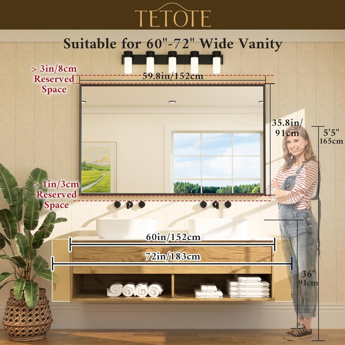 TETOTE Brushed Nickel Vanity Mirror for Bathroom 60" x 36" Beveled Frame Rectangle Bathroom Mirror for Over Sink Brushed Nickel, Tempered Glass, Stronger Frame, Modern Farmhouse Bedroom, Entryway