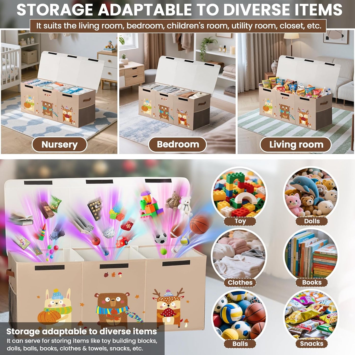 120L Large Toy Storage Box with Lid, Extra Large Toy Box Chest, Large Toy Box for Kids, Girls and Boys, Nursery Room and Living Room, 40"x13" x16" (Dark Khaki-animal)