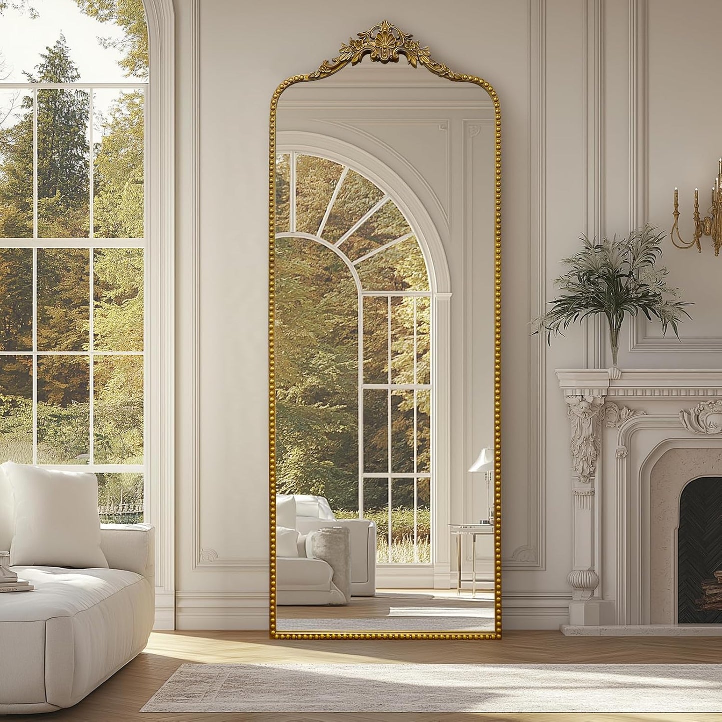 G-LEAF Vintage Baroque Full Length Floor Mirror 75"X30", Victorian Antique Mirror with Brush Gold Ornate Metal Frame for Fireplace Entryway Living Room Hallway Bathroom