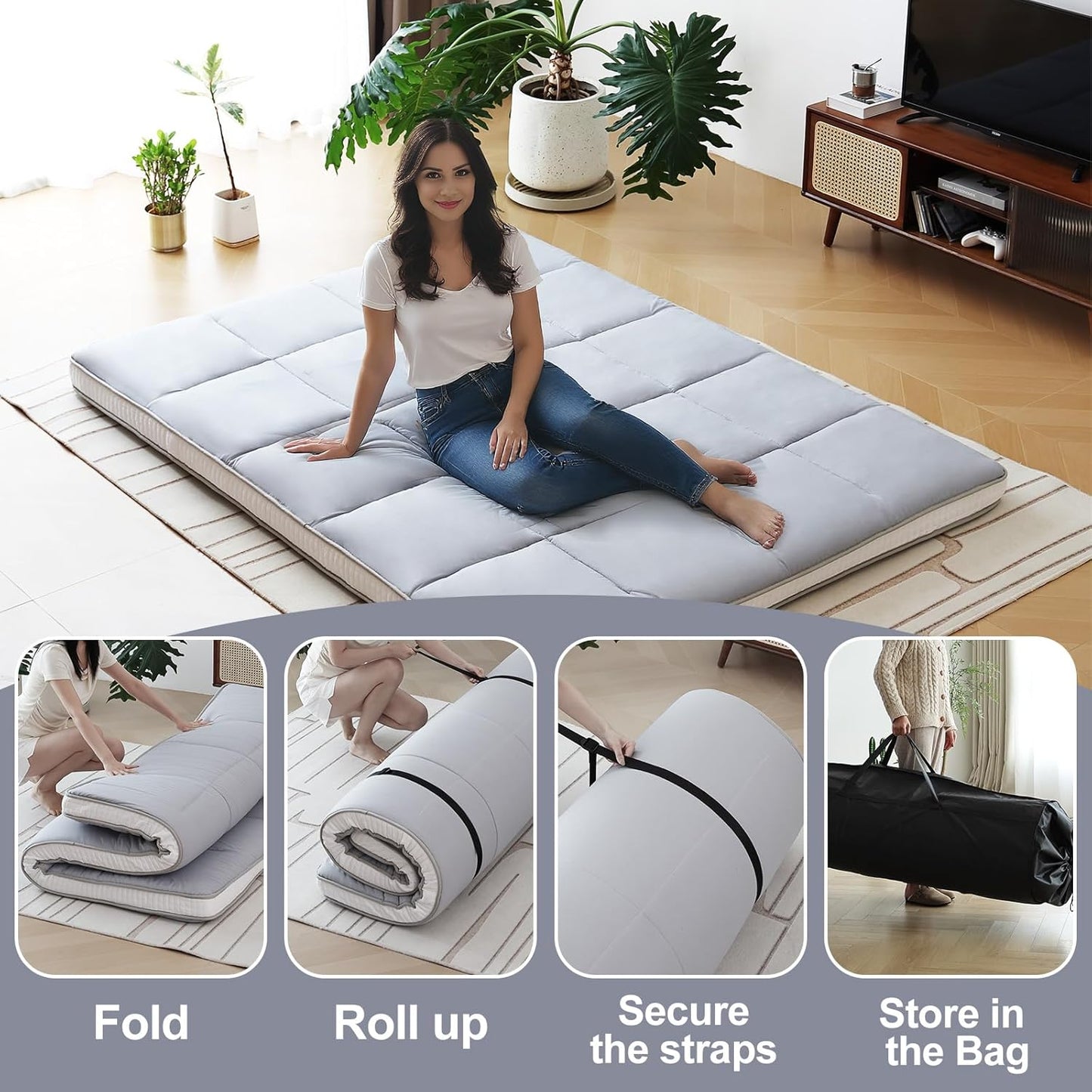 Tiita Floor Mattress Memory Foam Mattress Topper, 4" Thicken Futon Mattress with Storage Bag and 2 Straps, Portable Roll Up Travel Car Camping Mattress Sleeping Pad Full Size, Grey