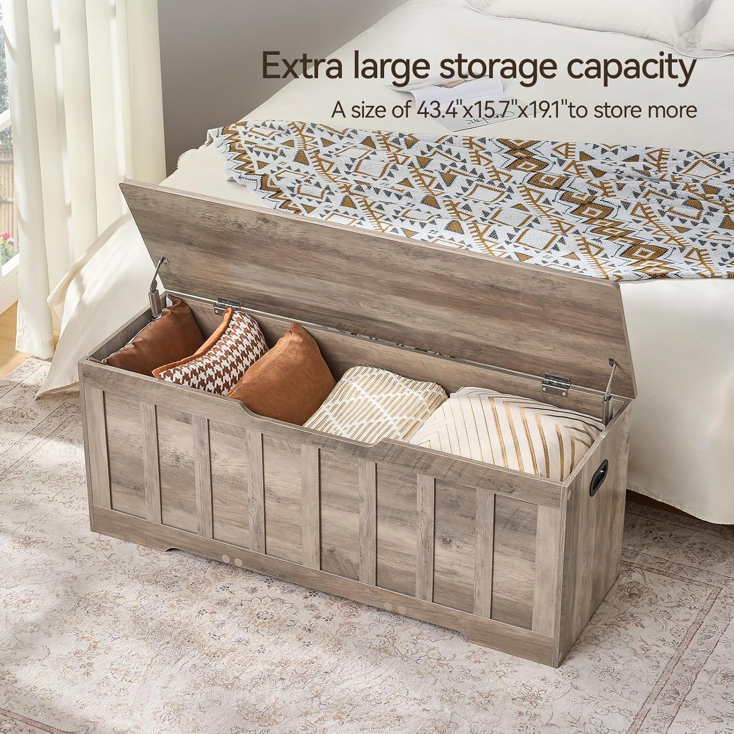 47.2" Storage Chest Extra Large,Storage Trunk with 2 Safety Hinges,Wooden Storage Bench,Shoe Bench,47.2x15.7x19.1 Inch,Easy Assembly,Storage Bench for Bedroom,Living Room,entryway(Greige).