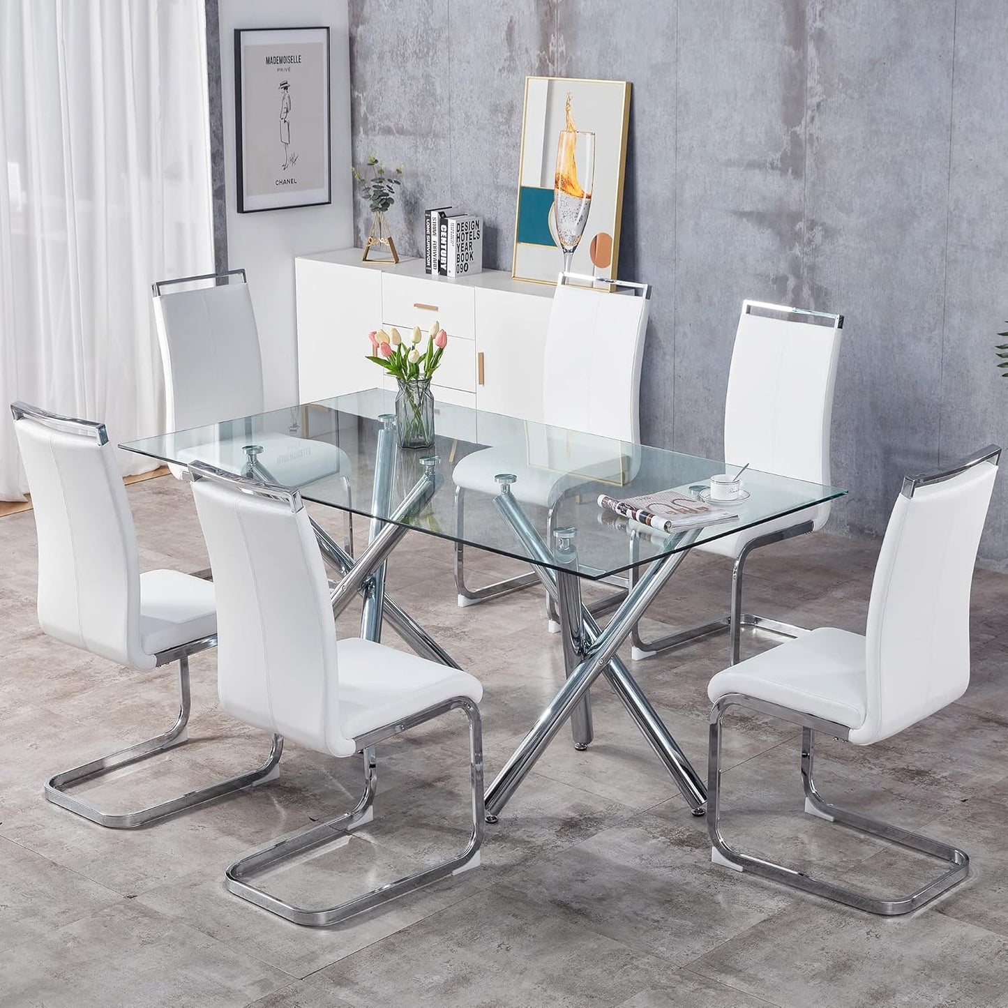 Dining Chairs Set, Kitchen Modern Metal Chairs with Faux Leather Padded Seat High Back and Sturdy Chrome Legs, Chairs for Dining Room (White, Set of 6)