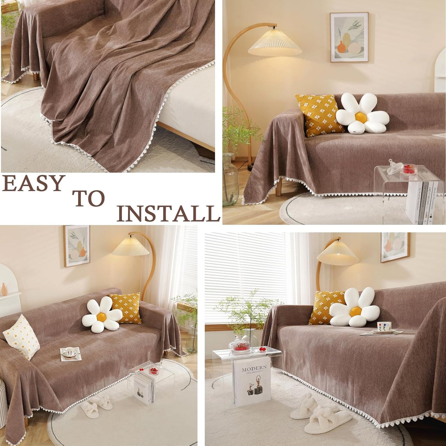 HANDONTIME Brown Sofa Covers Simple Couch Cover for Pet White Floral Couch Cushion Covers for L Shape Chocolate Sofa Throw Cover Sectional Couch Covers for Living Room Machine Washable, 71" X134"