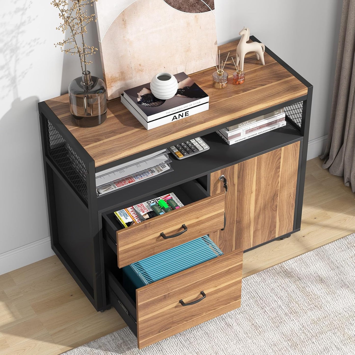 Tribesigns 63" L Shaped Desk with Drawer Cabinet, Executive Computer Desk and lateral File Cabinet, 2 Piece Home Office Furniture with Drawers for Hanging File, Doors with Locks (Brown, 63 inches)