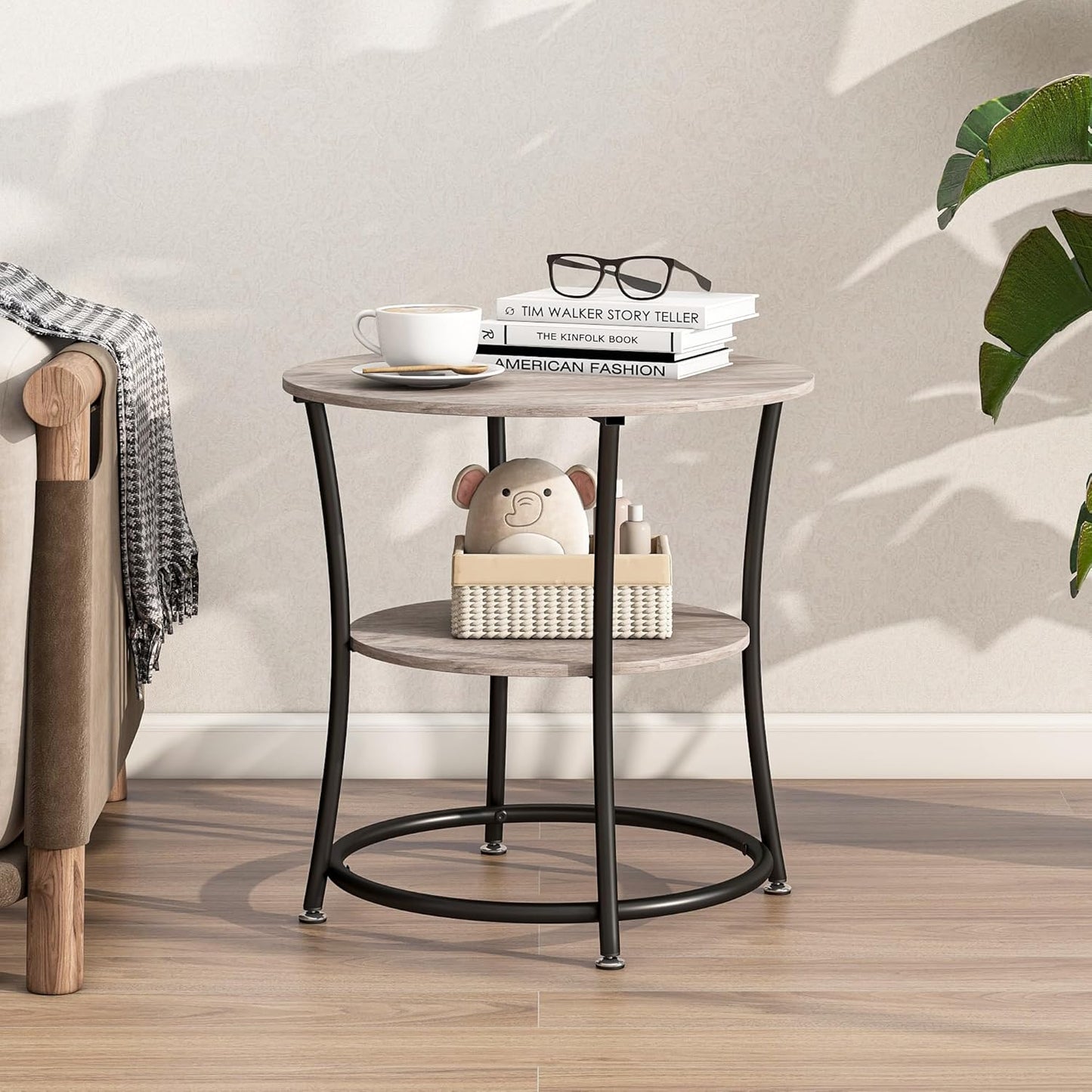 BOFENG Round Coffee Table Side Table,Round End Table with 2 Storage Shelves for Living Room, Bedroom,Small Space,Coffee Table Nightstand with Sturdy Metal Frame,Easy Assembly,Black+Grey