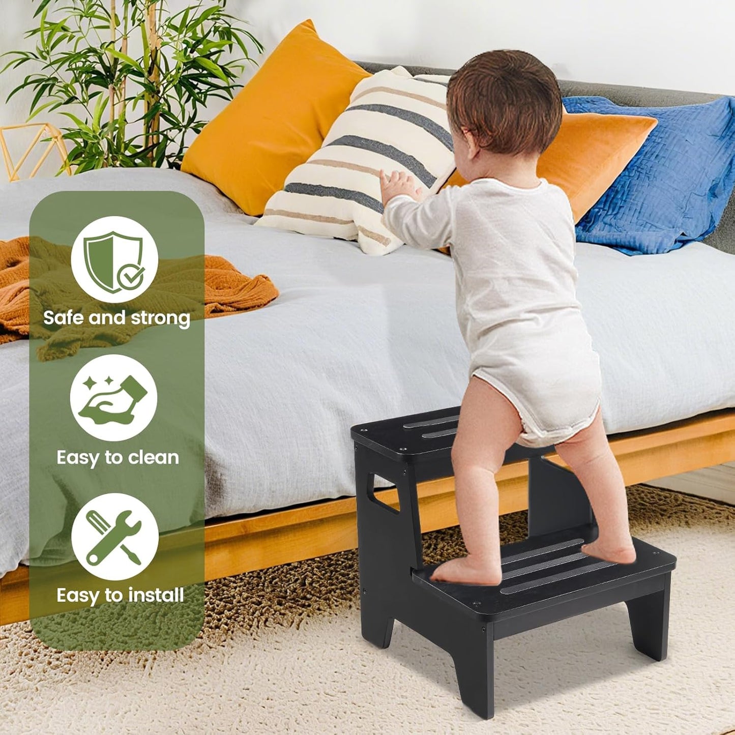 Wooden Step Stools for Kids, Heavy Duty Bamboo 2-Step Stepping Stools for Toddlers, DIY Non-Slip Pads & Handles, for High Bed, Bathroom, Toilet, Kitchen, RV, Black