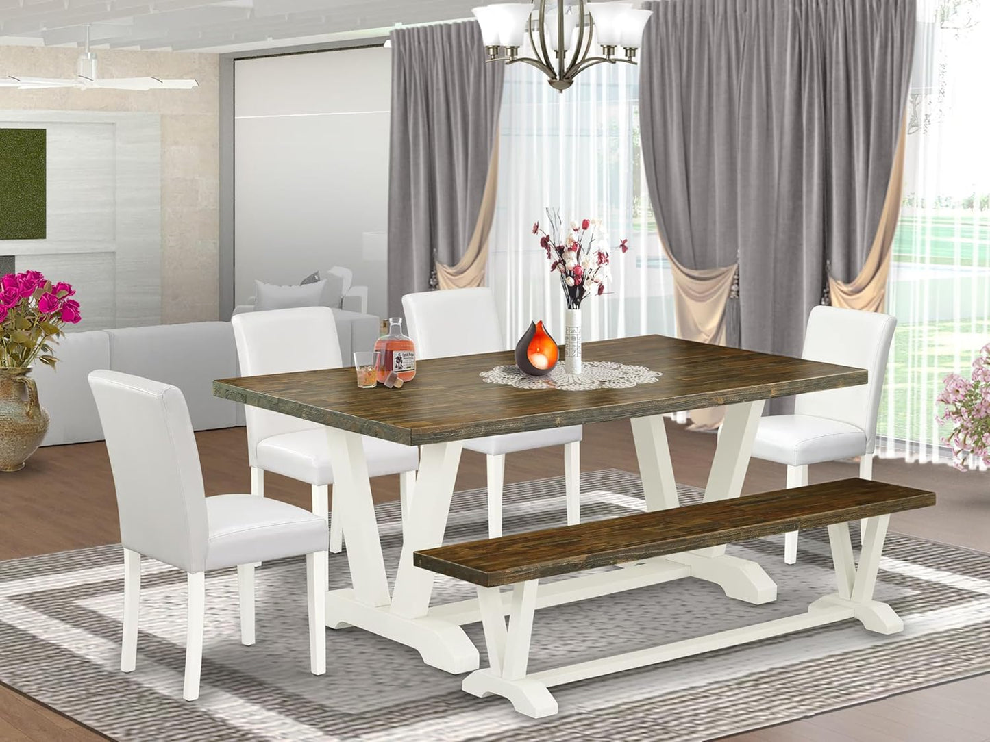East West Furniture V077AB264-6 6 Piece Dining Table Set Contains a Rectangle Dining Room Table with V-Legs and 4 White Faux Leather Upholstered Chairs with a Bench, 40x72 Inch, Multi-Color