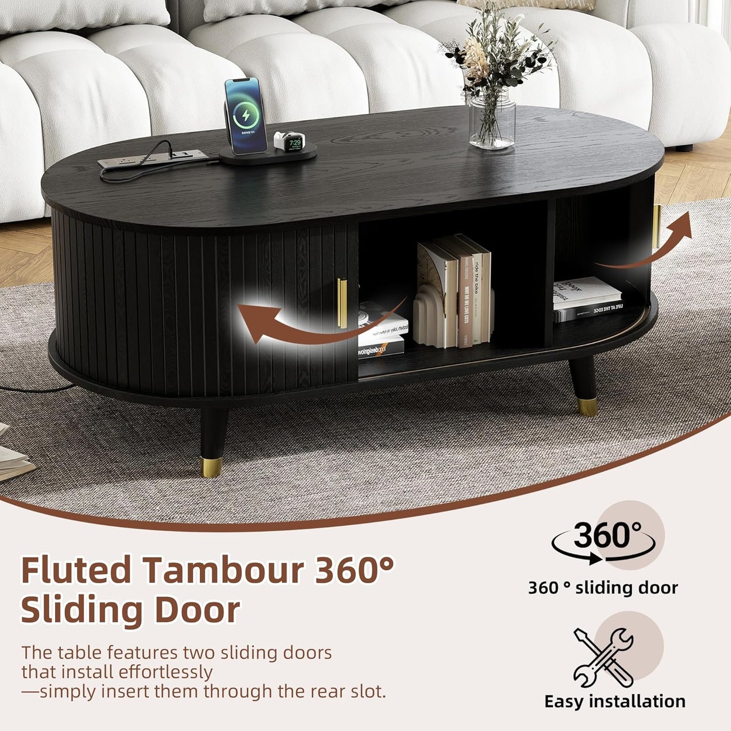 Mid-Century Fluted Oval Coffee Table with 360° Tambour Doors, Hidden Storage, Solid Wood Legs & 2 AC+2 USB Charging Station, Modern Coffee Table for Living Room, Apartment, Black