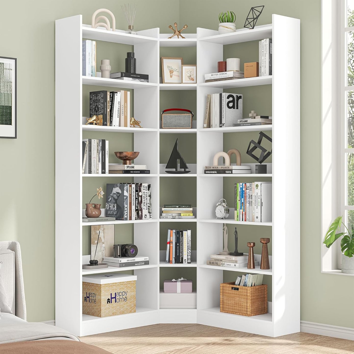 70.8" Tall Corner Bookshelf and Bookcases, 7 Tiers Morden Large Etagere Bookcases Storage Display Rack with Baffle, Industrial L Shaped Bookshelves for Bedroom, Home Office, Living Room, White