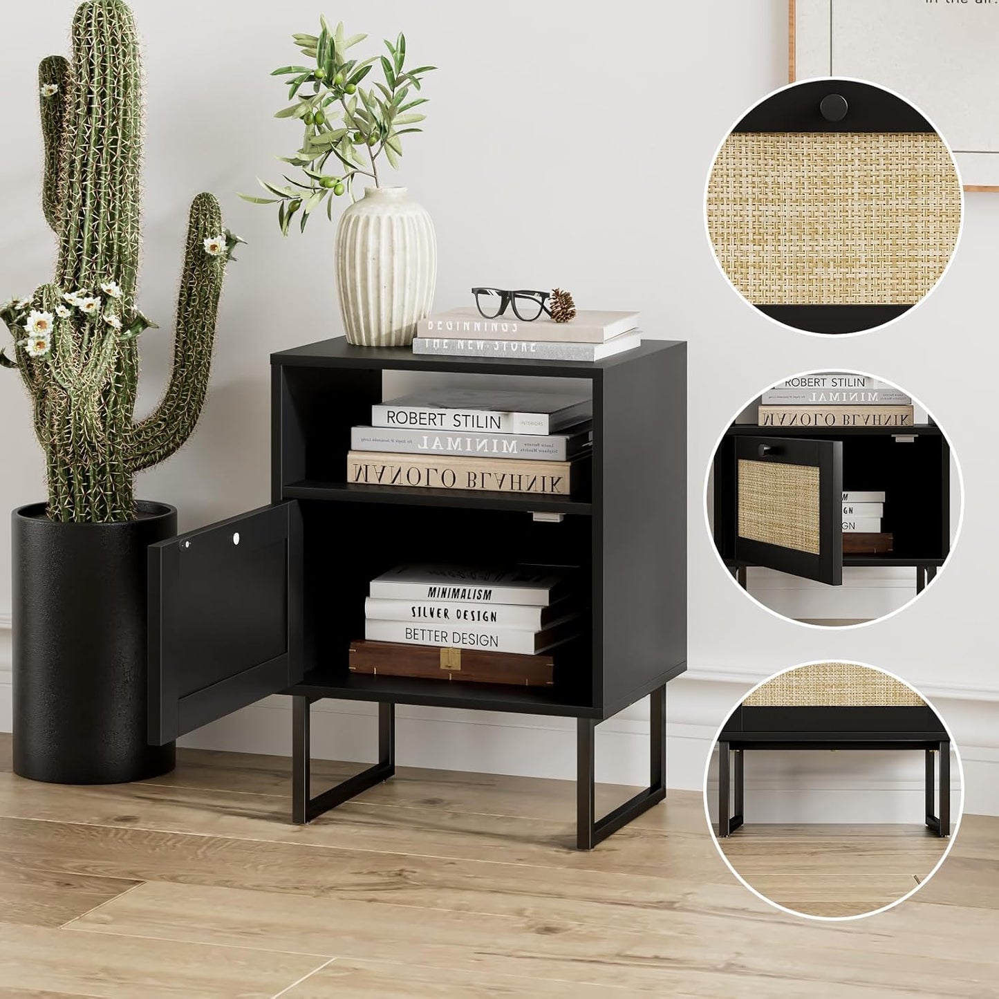 Masupu Rattan Nightstand,Modern Boho Farmhouse Wood Bedside Table with Storage Drawer and Open Shelf,Small Black Frame Side End Table for Bedroom,Living Room,Office (Black)