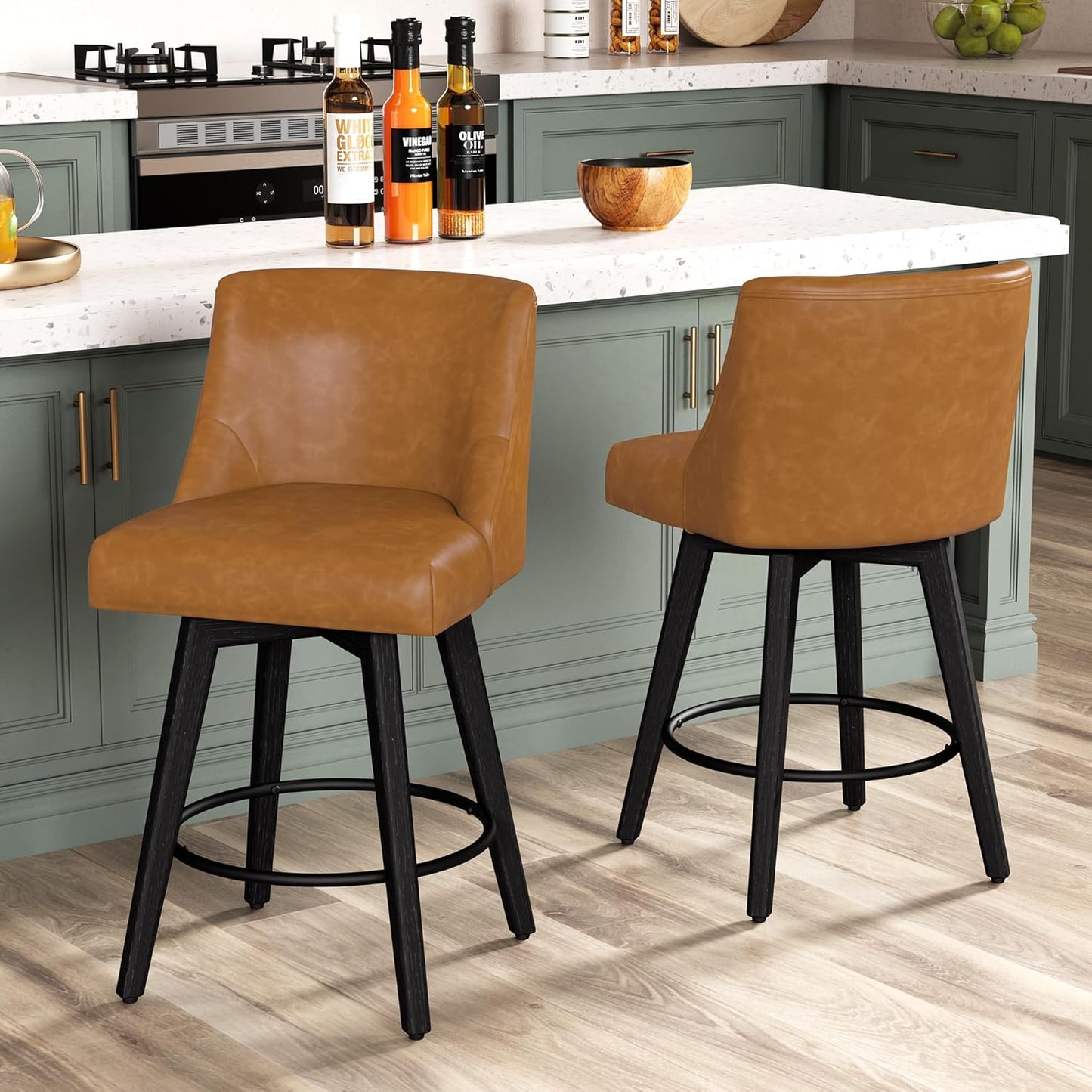 Counter Height Bar Stools Set of 2, Modern Swivel Barstools with Back and Wood Legs, Faux Leather Upholstered Counter Height Stools, 26" H Kitchen Island Stools, Home Bar, Whisky Brown