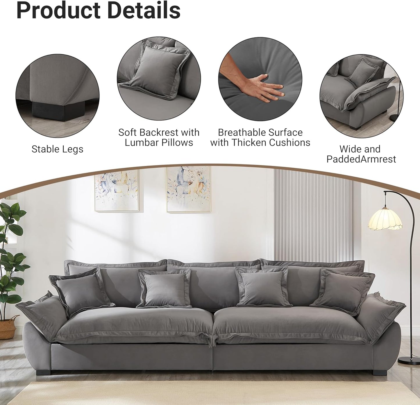 126 Inch Sailing Design Modular Sectional Cloud Sofa with Storage, Modern Deep Seat Couch w/Throw Pillows & Removable Backrest for Living Room Bedroom Apartment,Grey