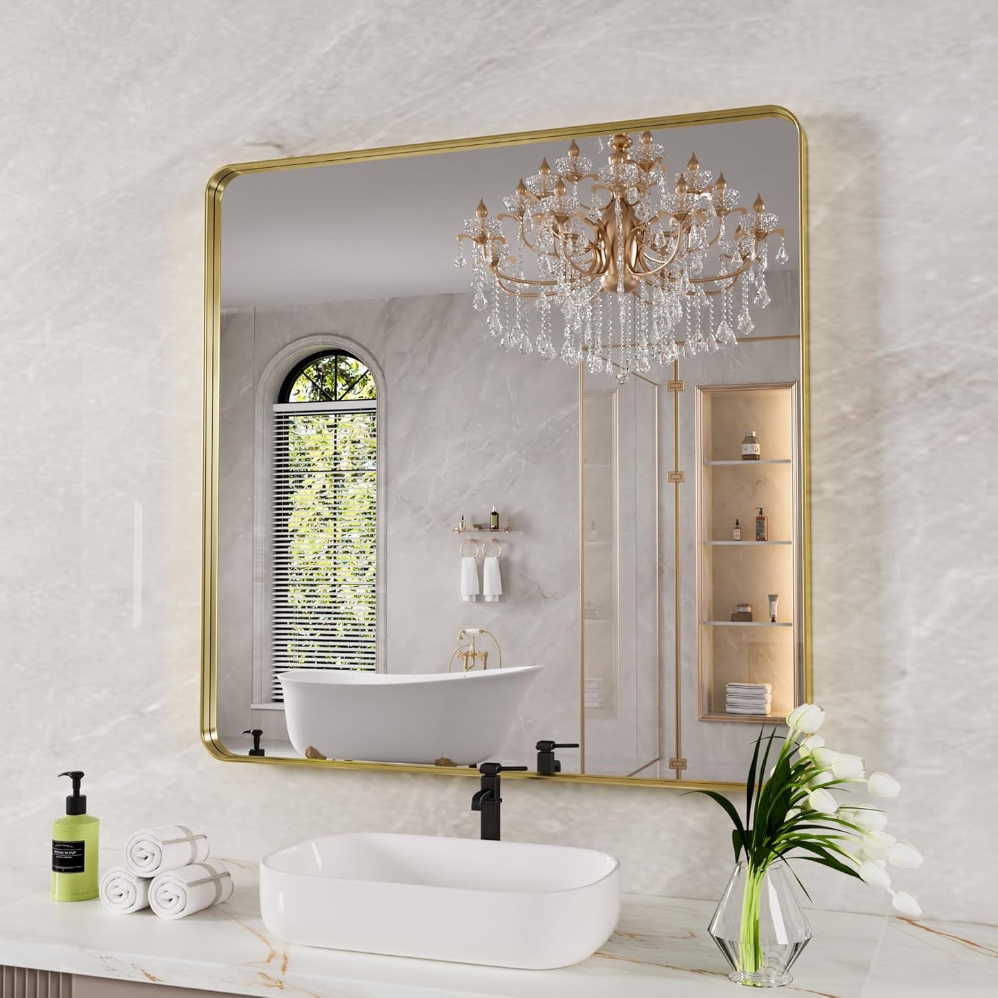 Gold Bathroom Mirror, 36x36 Inch Brushed Gold Metal Frame Mirror for Wall, Rounded Rectangle Bathroom Vanity Mirror, Tempered Glass, Anti-Rust, Horizontal/Vertical