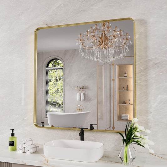 Gold Bathroom Mirror, 36x36 Inch Brushed Gold Metal Frame Mirror for Wall, Rounded Rectangle Bathroom Vanity Mirror, Tempered Glass, Anti-Rust, Horizontal/Vertical