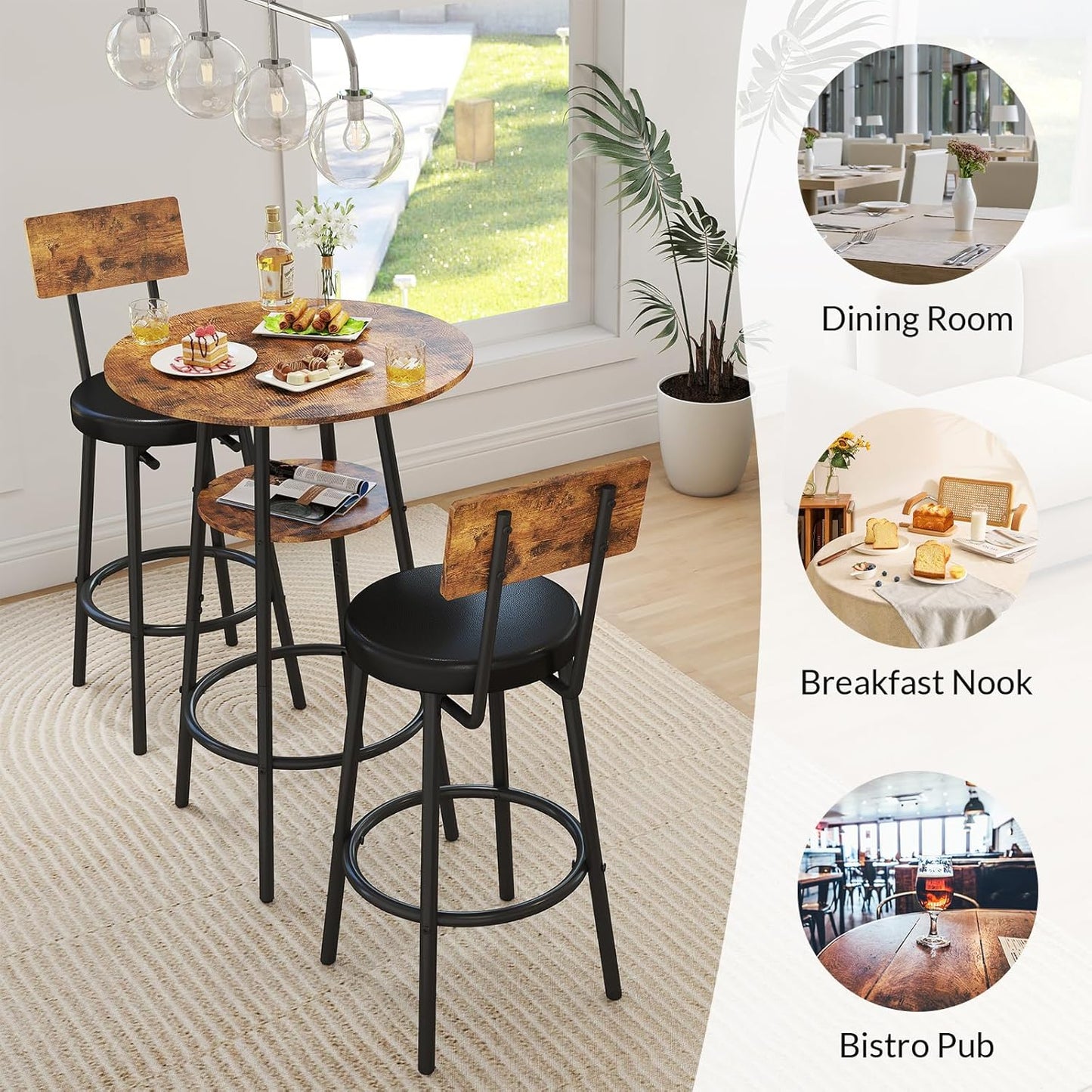 3 Pieces Round Bar Table Set, Small Dining Table for 2, Modern Kitchen Bar Table, Breakfast Table with Storage, 2 Thickened Cushion Stools with Backrest for Dining Room, Bistro-Brown