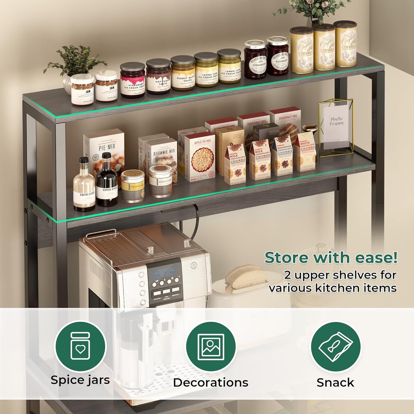 SUPERJARE Bakers Rack with Power Outlet, 35.4 Inches Coffee Bar with Wire Basket, Kitchen Microwave Stand with 6 S-Shaped Hooks, Open Storage Shelves, Charcoal Gray