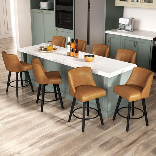 Counter Height Bar Stools Set of 8, Modern Swivel Barstools with Back and Wood Legs, Faux Leather Upholstered Bar Chairs, 26" H Kitchen Counter Stools, Kitchen Island Home Bar, Whisky Brown