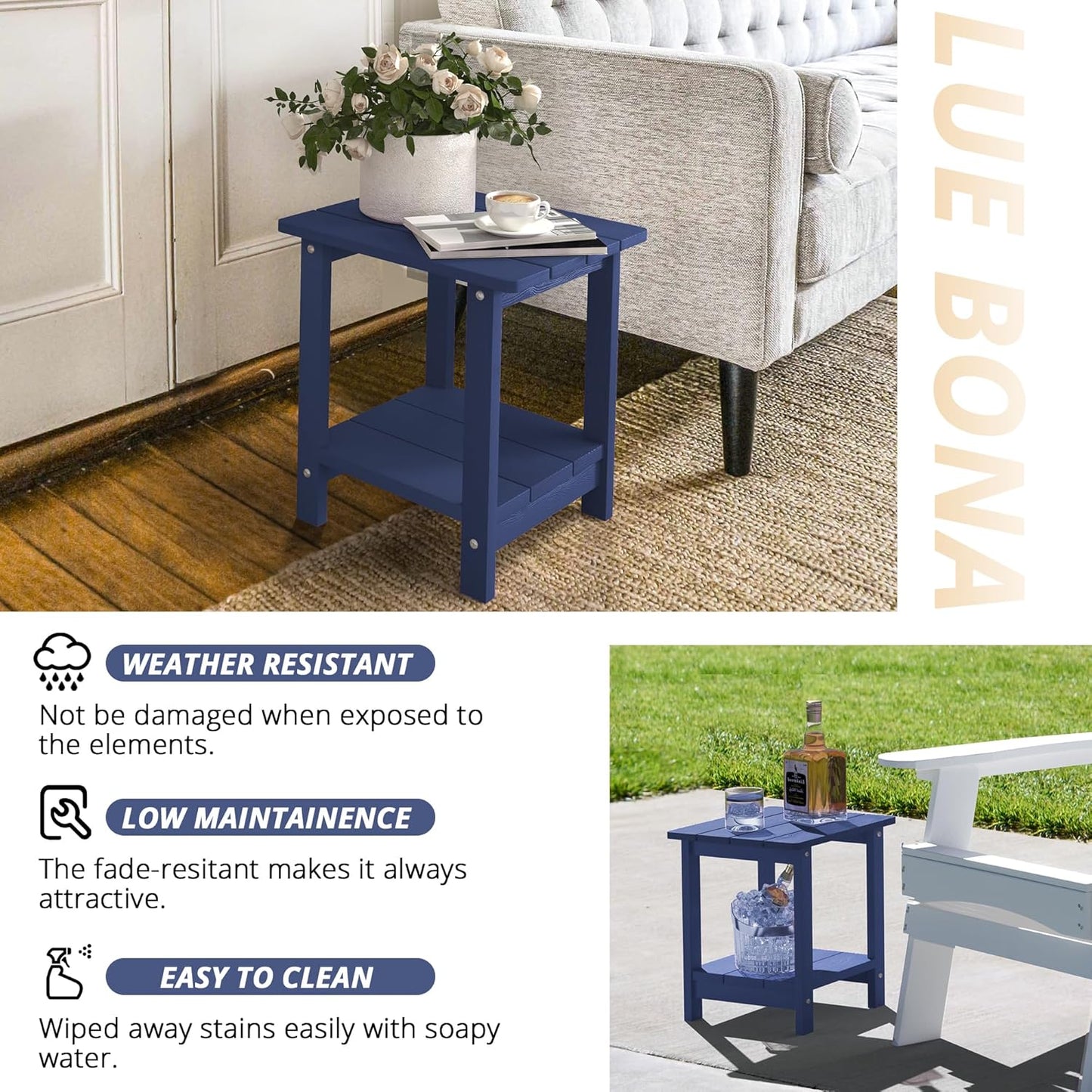LUE BONA Adirondack Outdoor Side Table, 2-Tier Navy HDPS Patio End Table Weather Resistant, Morden Side Table for Patio, Pool, Porch