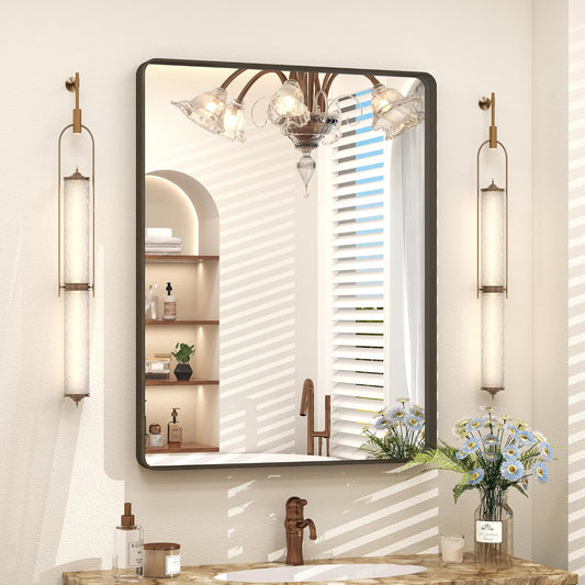 24x32 Inch Bronze Framed Bathroom Mirror, Brushed Bronze Metal Vanity Mirror, Bronze Rectangle Wall Mirror, Rounded Corner, Tempered Glass, Anti-Rust, Shatterproof (Horizontal/Vertical)