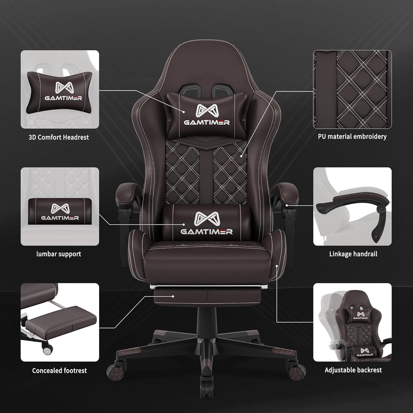 Gaming Chair, 400 lbs Adult Chair, High Back Computer Chair with Footrest and Linked Armrests, Office Video Game Chair with Lumbar Support (Brown)