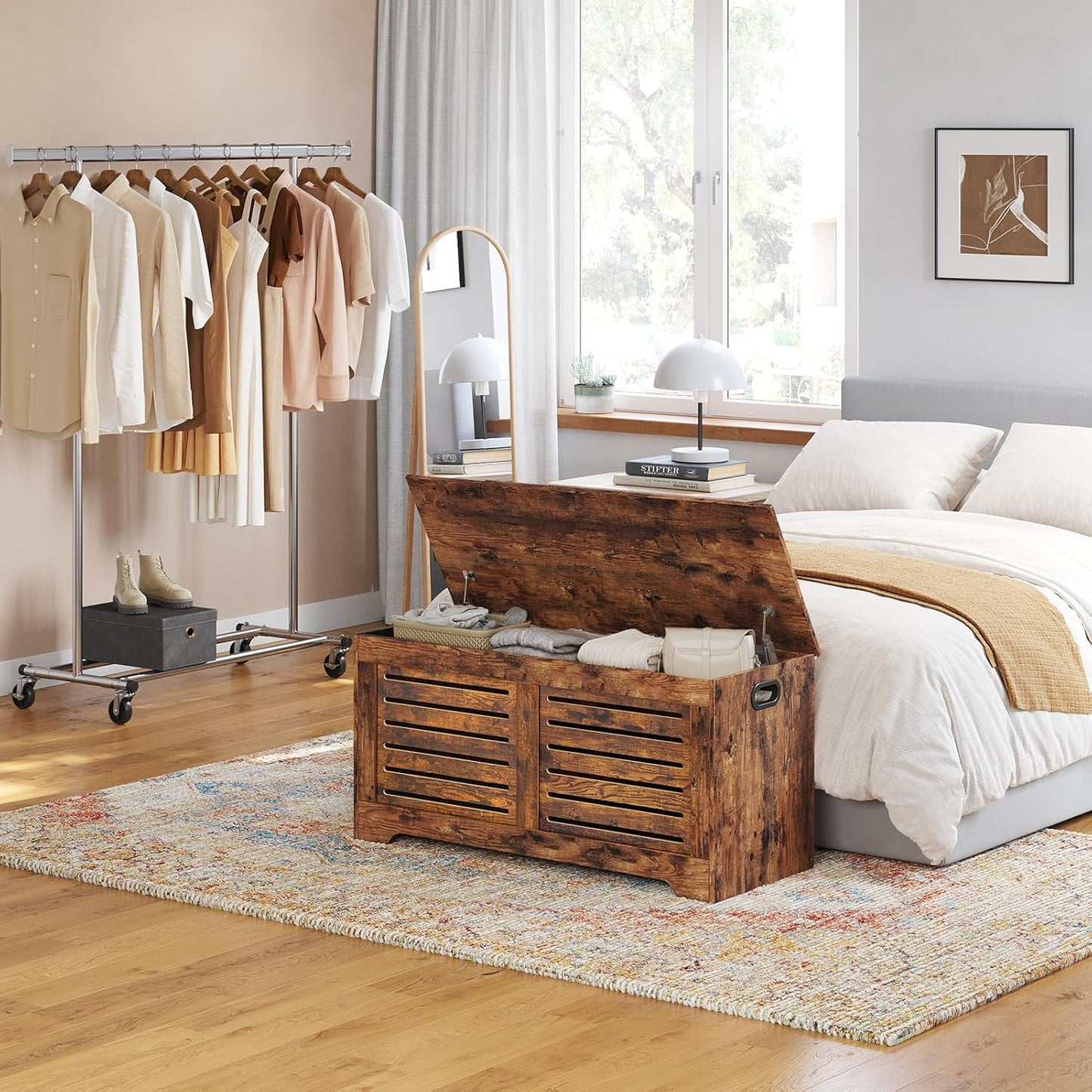 DINZI LVJ Storage Chest, 43.3” Wooden Toy Box with 2 Safety Hinges, Retro Entryway Shoe Storage Bench with Flip-Top, Sturdy Large Storage Trunk for Living Room, Bedroom, Easy Assembly, Rustic Brown