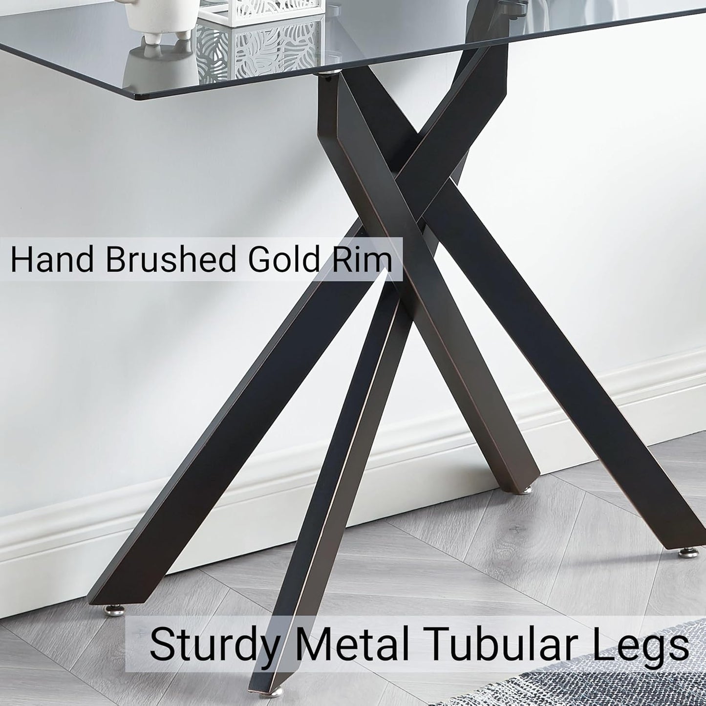 Modern Style Console Table Narrow Sofa Table with Grey Tempered Glass Top and Black Metal Tubular Legs with Gold Rim, 45”Lx18”Wx30”H