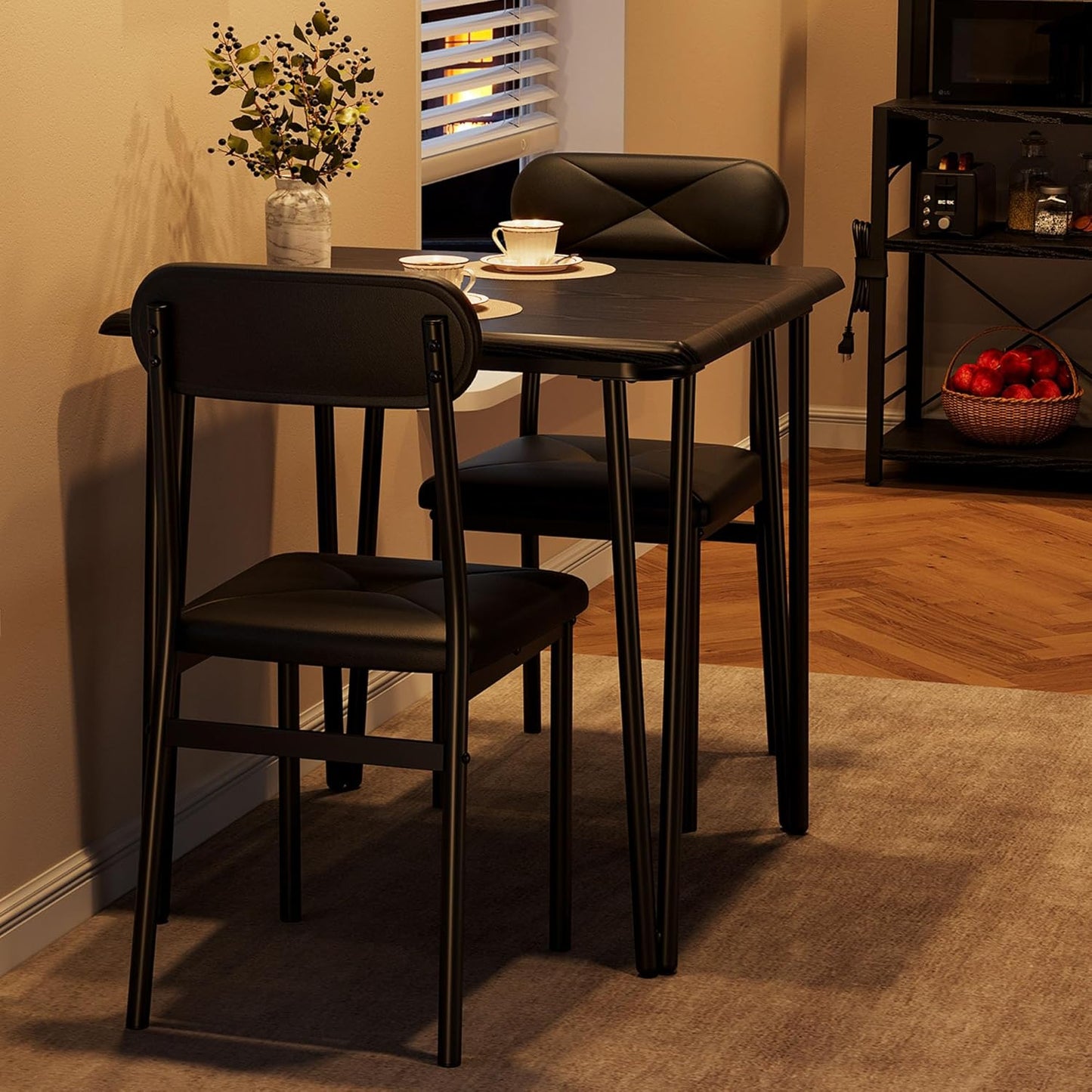 IDEALHOUSE Dining Table Set for 4, Kitchen Table with Upholstered Chairs for Kitchen Room and Small Spaces (Black, Table with 2 Upholstered Chairs)