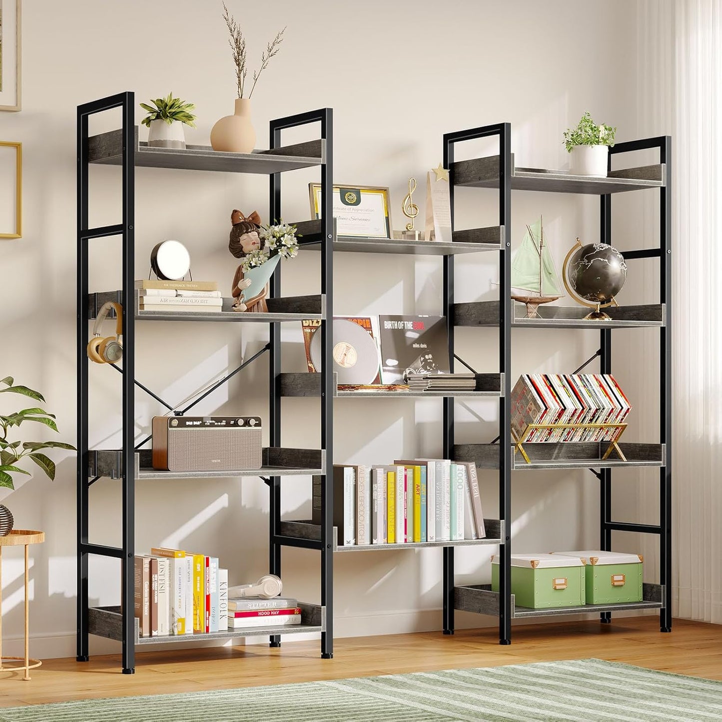 Rolanstar Bookshelf 4 Tiers with 4 Hooks, Triple Bookcase with Open Display Shelves, Industrial Wide Bookshelf with Metal Frame for Living Room, Office, Grey