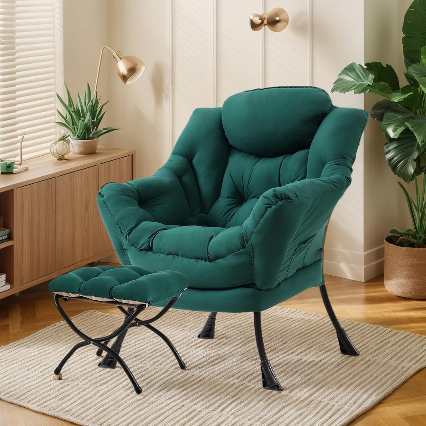 Lazy Chair with Ottoman, Large Modern Lounge Accent Chair with Armrests and Footrest, Reading Armchair with Ottoman, Leisure Sofa Chair for Living Room, Bedroom, Dorm Room(Dark Green