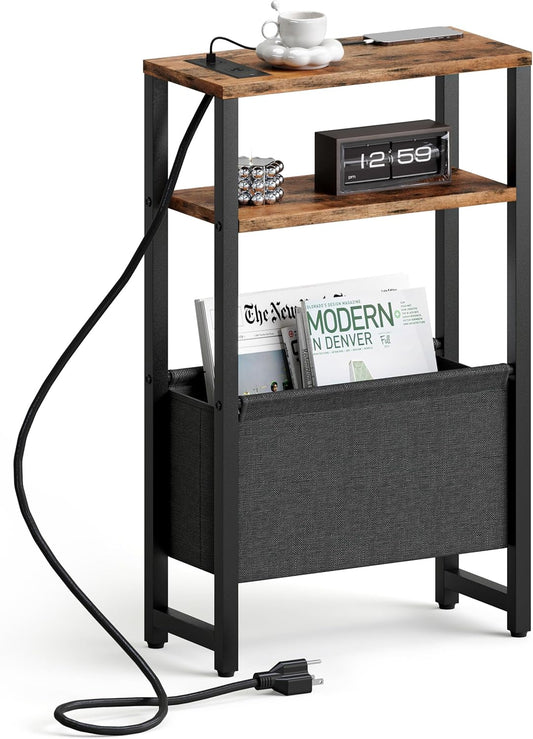 Narrow Side Table with Charging Station Slim End Table Sofa with Magazine Rack, Bedside Table for Small Spaces, 3 Tier Nightstand for Living Room Couch, Bedroom Rustic Brown LET503RE