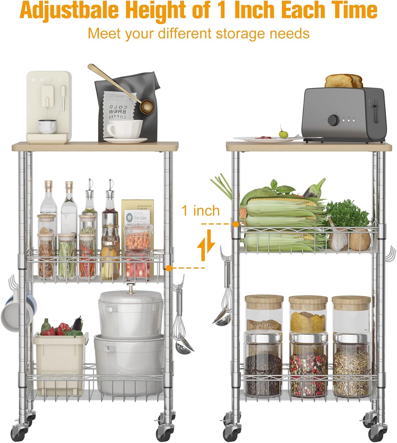 Rolling Kitchen Storage Cart, 3-Tier Storage Rack on Caster Wheels with Adjustable 2 Baskets, Coffee Station Cart Rack Shelf Organizer for Living Room Office, Balcony, Chrome/Silver