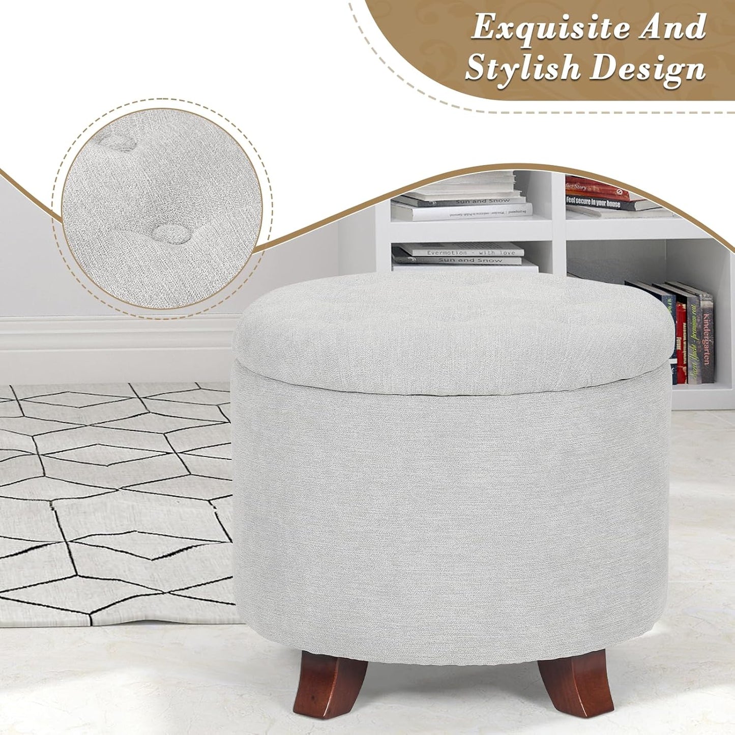 Athena Collection 20 Inch Small Ottoman with Storage, Round Linen Fabric Storage Ottoman with Removable Lid, Stylish Footstool Foot Rest for Living Room, Bedroom, Dorm, Grey