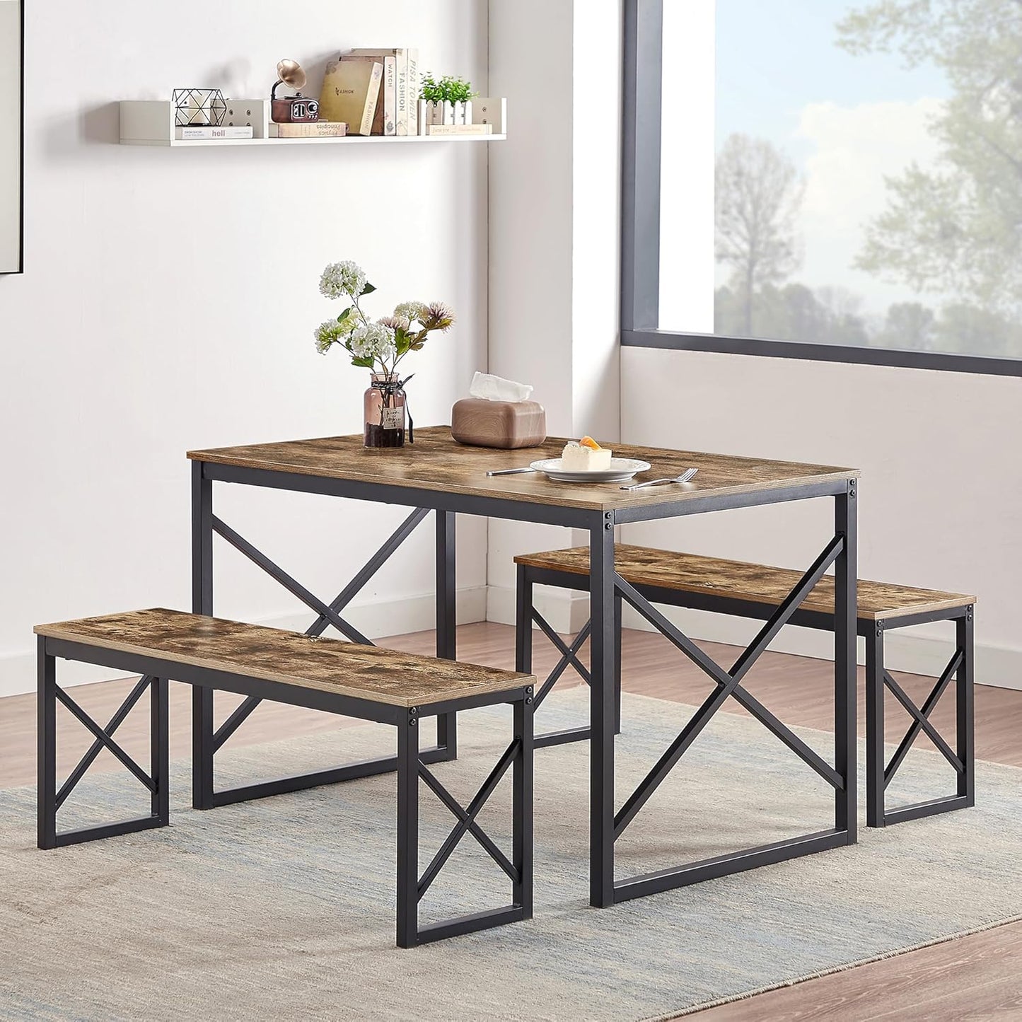 VECELO Kitchen Table with 2 Benches for 4, Wood Dining Room Dinette Sets with Metal Frame for Breakfast Nook and Small Space, Brown