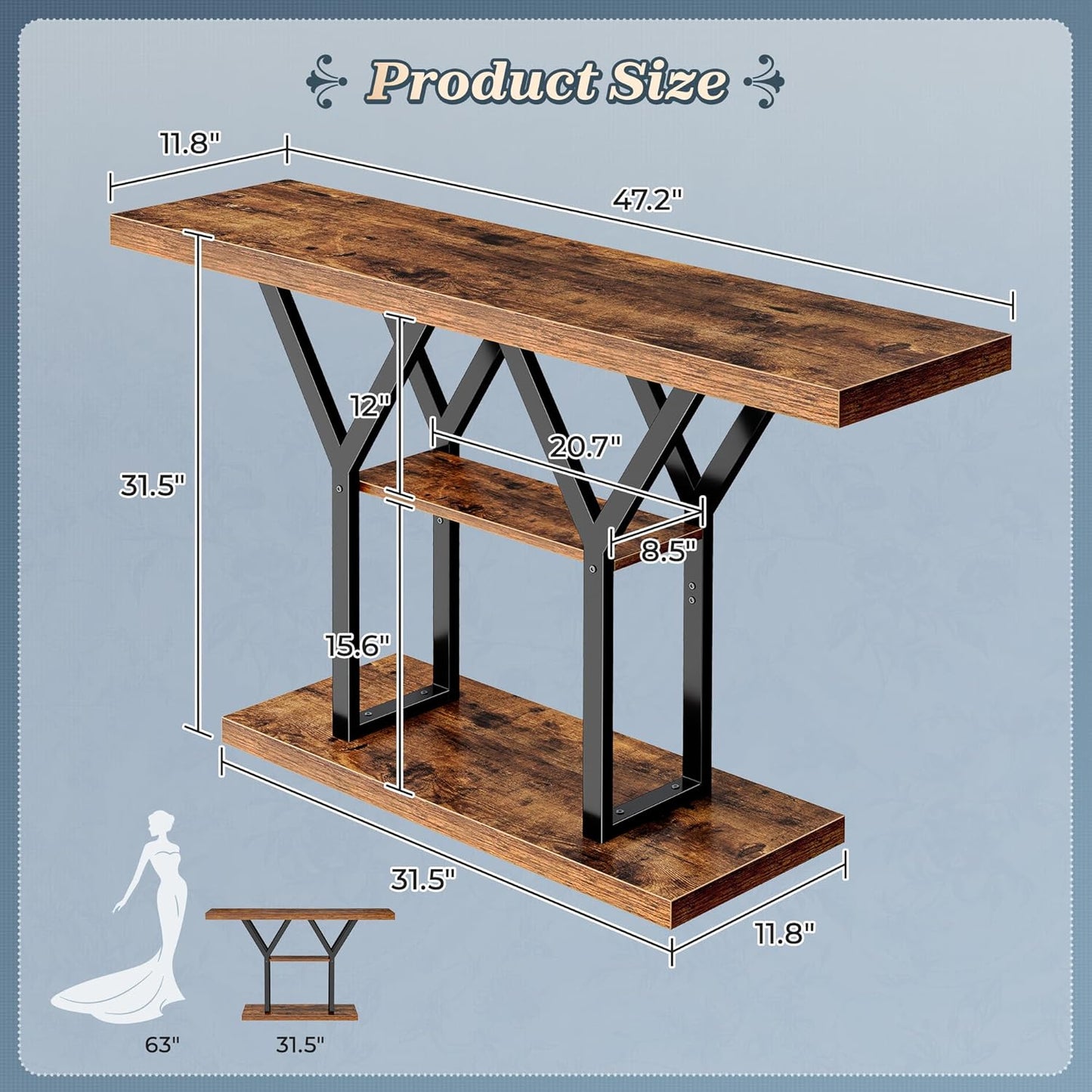 Huuger 47.2 Inch Entryway Table, Industrial Console Sofa Table, 3 Tier Accent Table, for Entry, Hallway, Entrance, Foyer, Y-Shaped Metal Base, Rusitc Brown