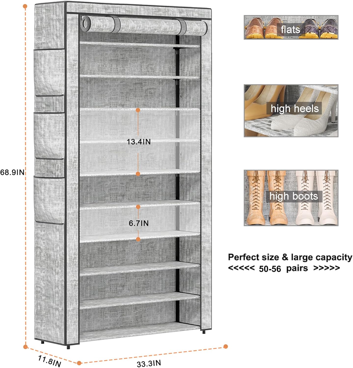 Shoe Rack 10Tier Large Capacity 50-56Pairs Beautiful Tall Shoe Shelf Free Standing Storage Cabinet Entryway Closet