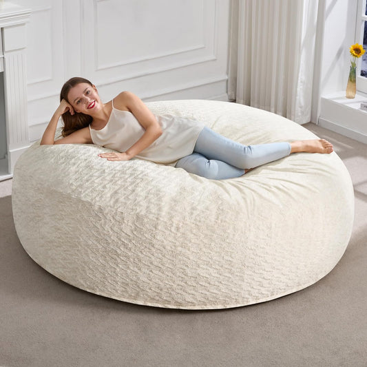 Hobestluk 6ft Bean Bag Chairs for Adults Large Beanbag Chair with Chevron Plush Fur Cover Big Bean Bag Chair for Living Room Bedroom Dorm Office - White (70" x 70" x 15")