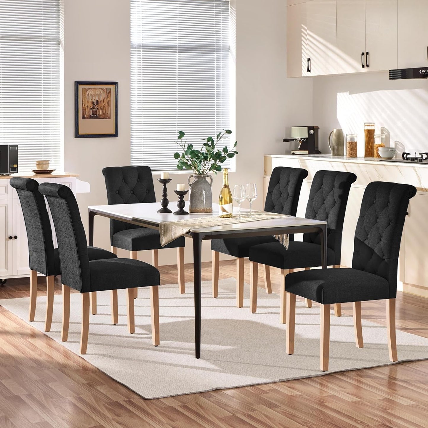 Yaheetech Dining Chairs Set of 6 Fabric Upholstered Dining Room Chairs with Button Tufted High Back and Solid Wood Legs for Kitchen/Living Room/Restaurant, Modern Style, Black